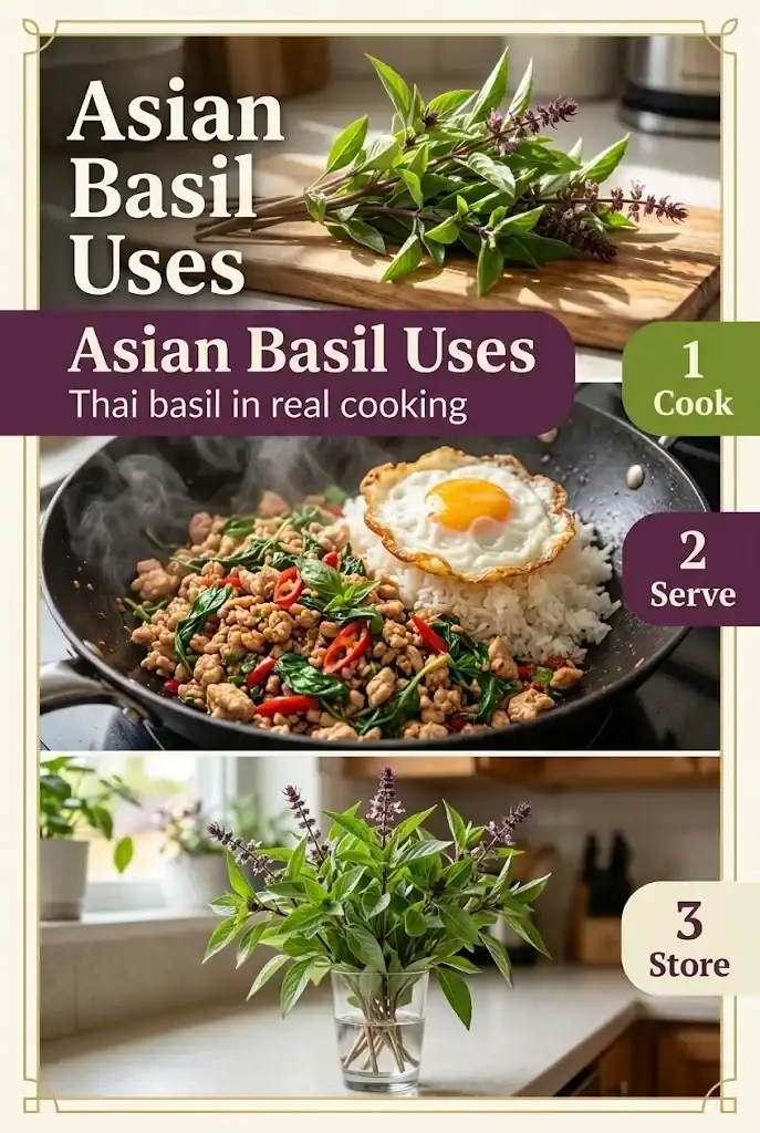 Pinterest graphic titled Asian Basil Uses showing Thai basil, pad krapow gai, and a stored bunch