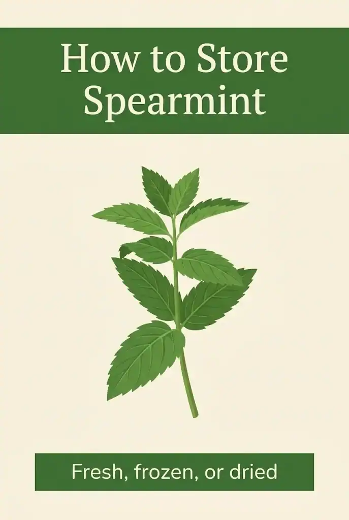 Pinterest graphic titled How to Store Spearmint with the subtitle Fresh frozen or dried