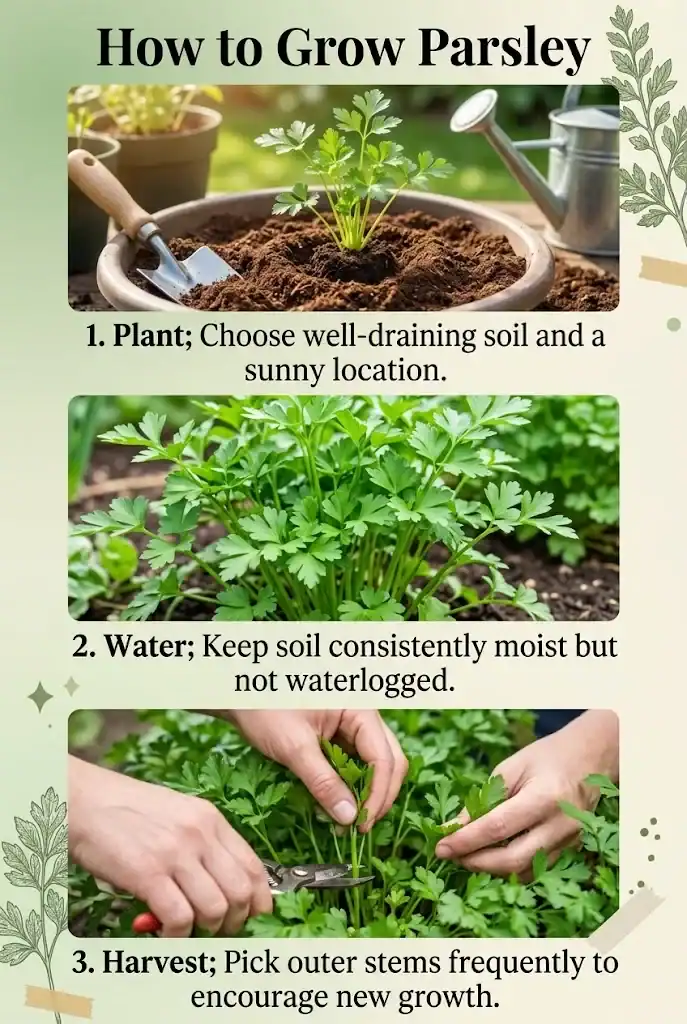 Pinterest graphic showing how to grow parsley in three steps