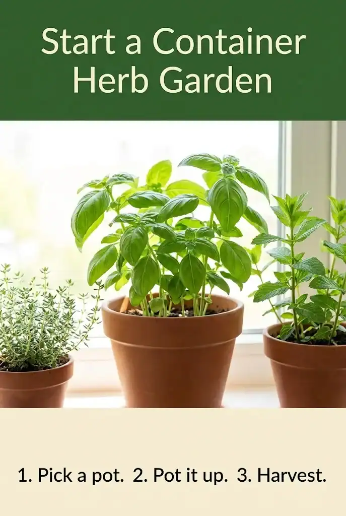 Pinterest graphic with the headline Start a Container Herb Garden and a numbered chip sequence reading 1. Pick a pot. 2. Pot it up. 3. Harvest.