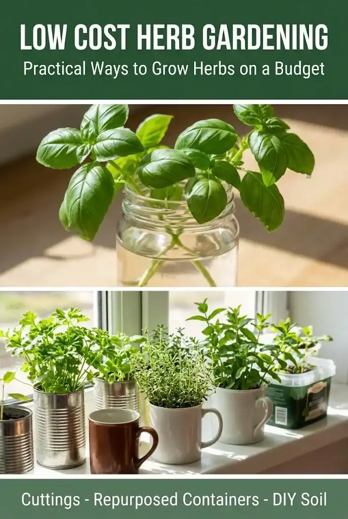 Low cost herb gardening Pinterest pin showing rooted basil cuttings and repurposed container planters