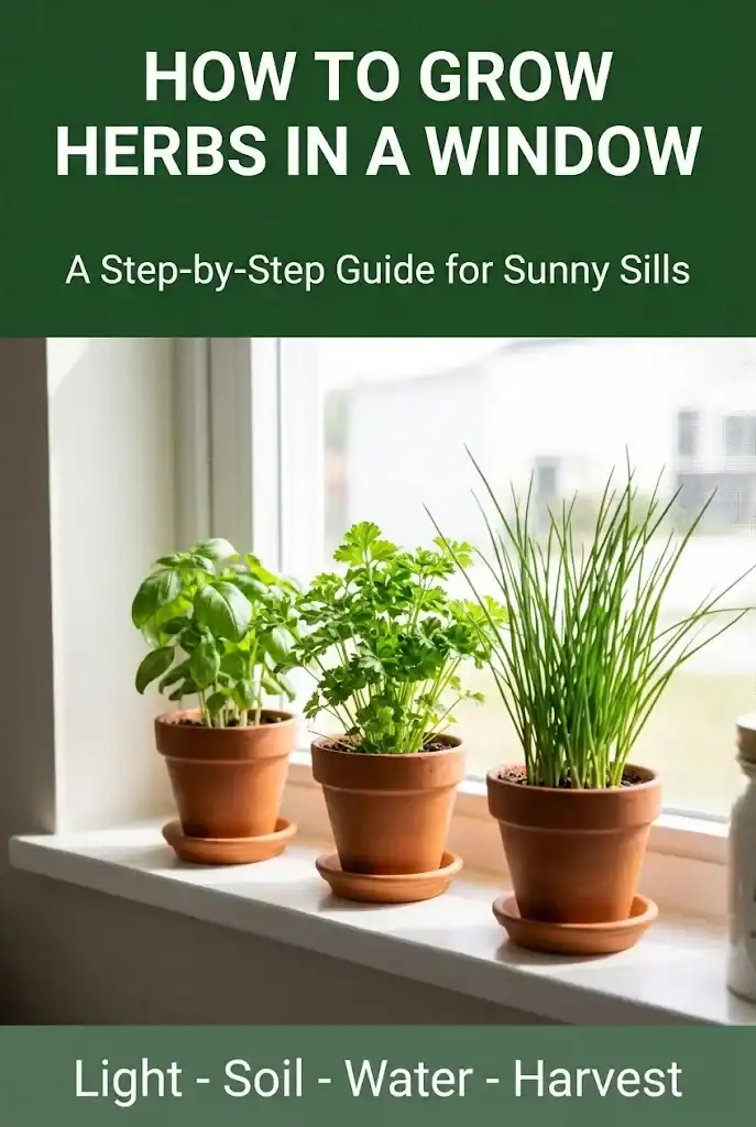Pinterest graphic titled How to Grow Herbs in a Window with light, soil, water, harvest panels