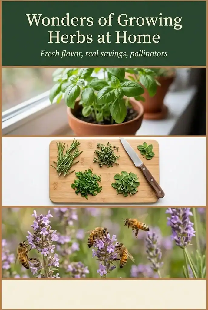 Pinterest graphic with the headline Wonders of Growing Herbs at Home over a three-image collage of fresh herbs, a cutting board, and bees on flowers