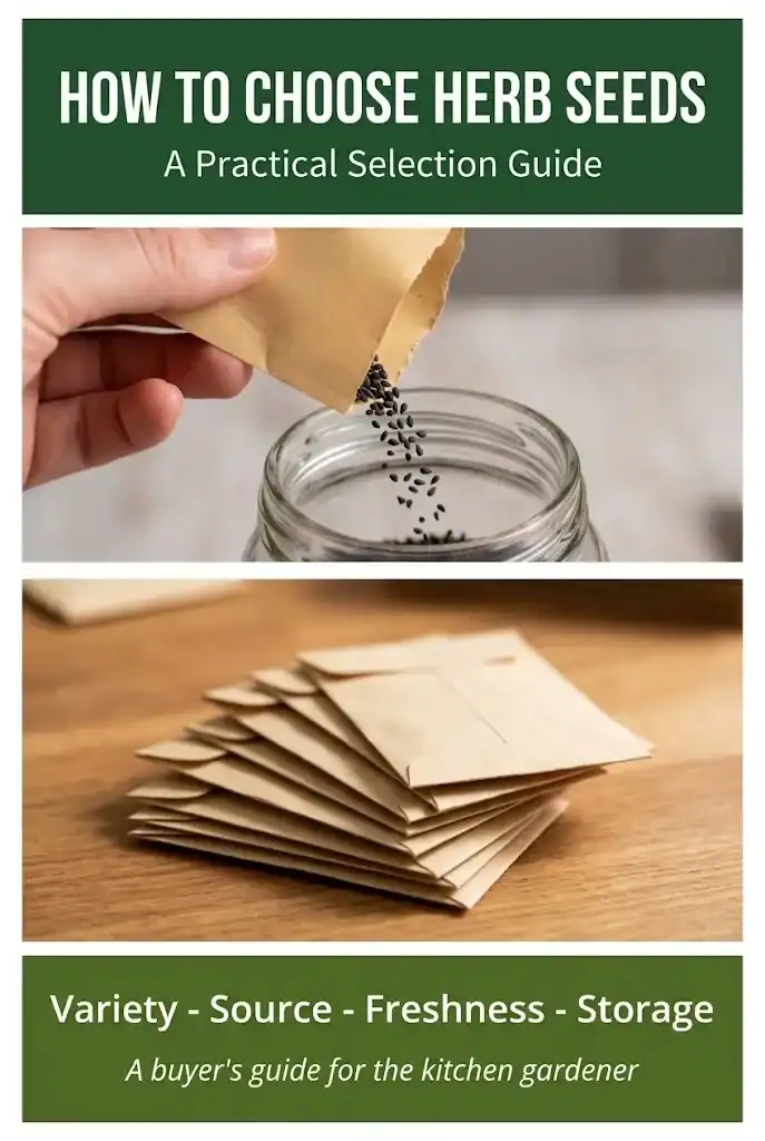 Vertical Pinterest pin titled How to Choose Herb Seeds with a three-image collage of basil seeds, seed packets, and a footer band reading Variety, Source, Freshness, Storage.