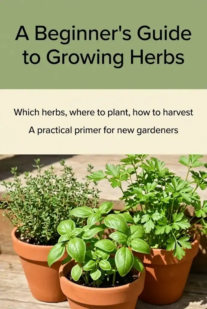 Pinterest graphic with sage green and cream colour-block bands and a photograph of basil, parsley, and thyme in terracotta pots at the bottom