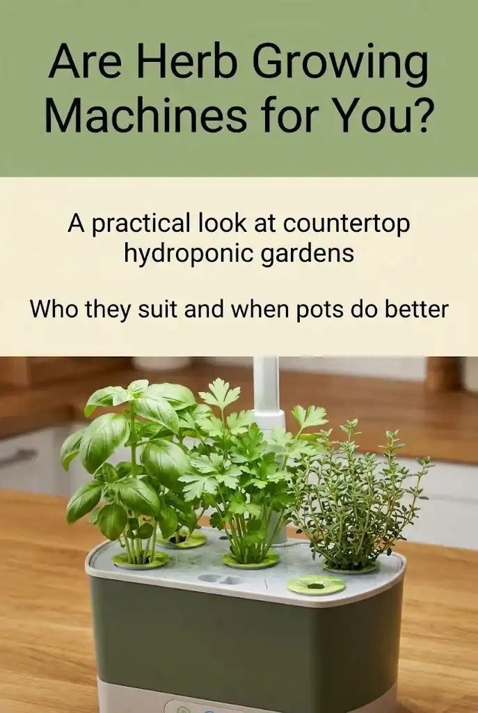Vertical Pinterest graphic titled Are Herb Growing Machines for You? with two body lines and a photograph of a countertop hydroponic herb garden at the bottom