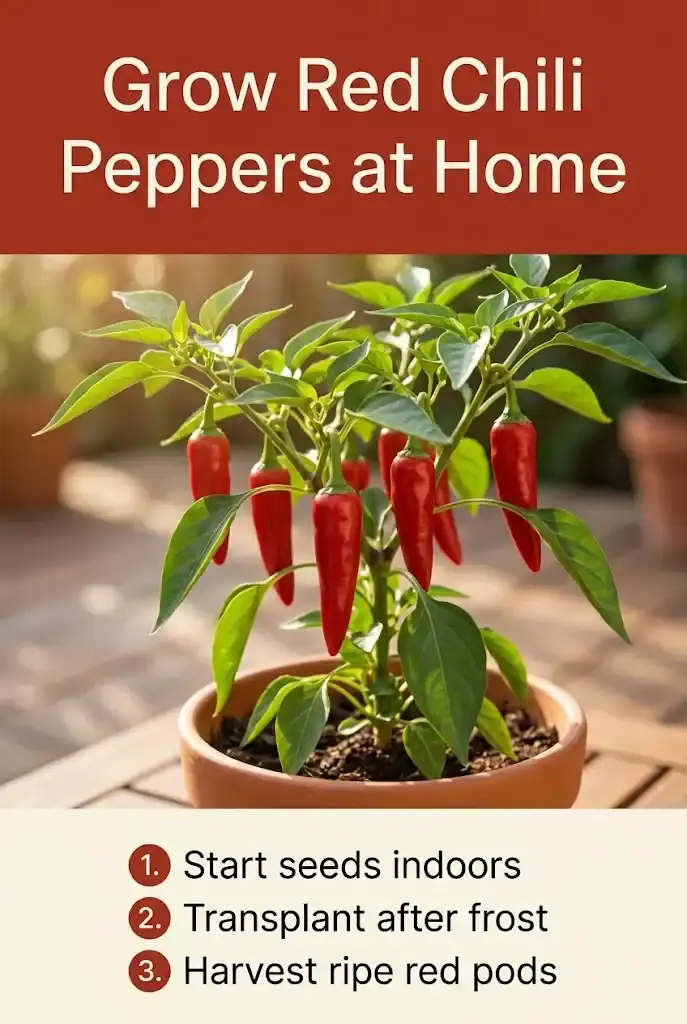 Vertical Pinterest graphic titled Grow Red Chili Peppers at Home with three numbered steps at the bottom