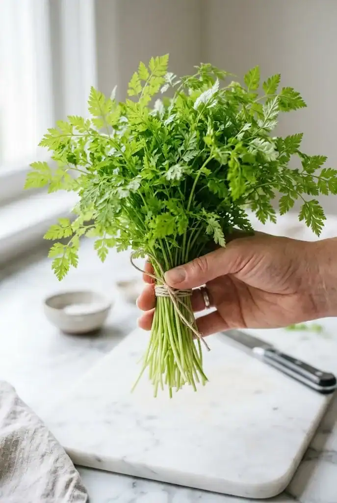 Pinterest pin graphic of a vertical bunch of fresh chervil on a white background