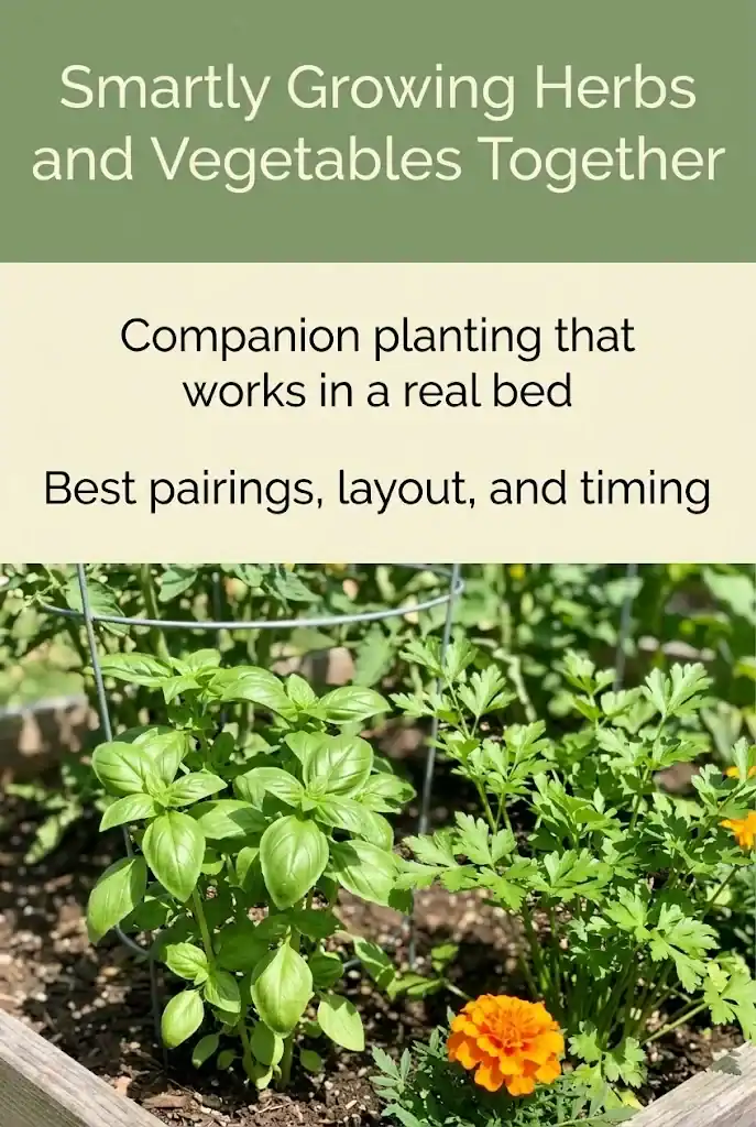 Pinterest graphic titled Smartly Growing Herbs and Vegetables Together