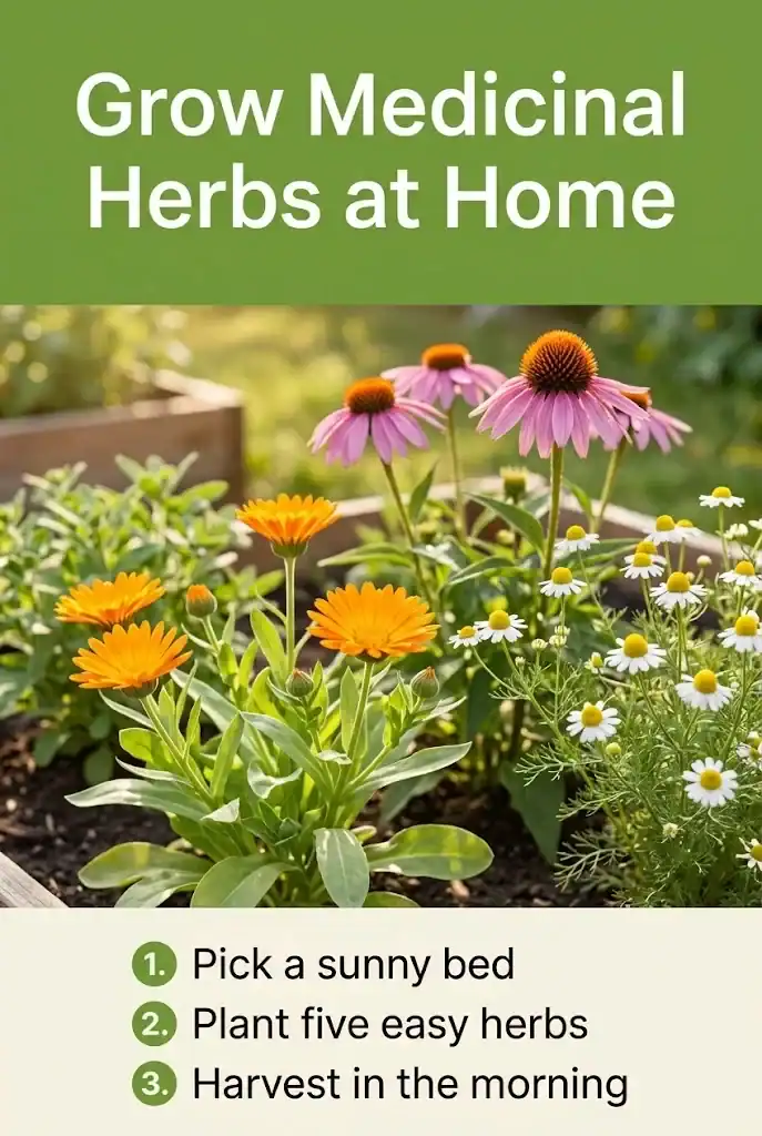 Pinterest graphic titled Grow Medicinal Herbs at Home with a photo of a sunny raised bed of medicinal herbs and a three-step list