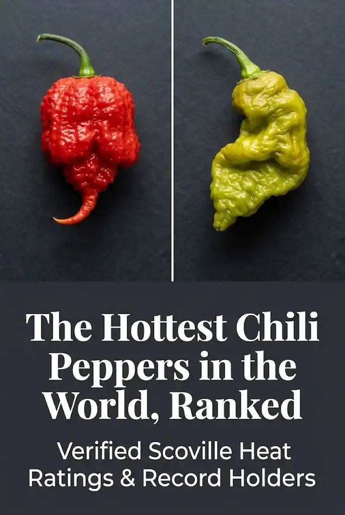 Three-panel Pinterest collage graphic showing extreme super-hot chili peppers with solid dark title band reading The Hottest Chili Peppers in the World, Ranked