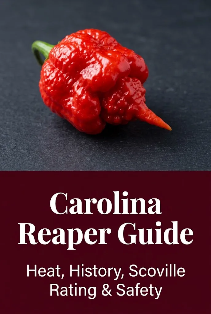 Carolina Reaper guide graphic with a ripe pod and burgundy information panel