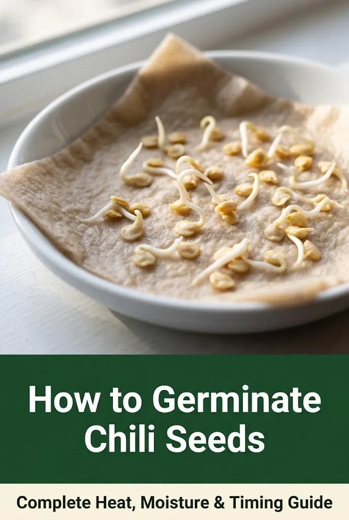 Vertical educational graphic detailing how to germinate chili seeds with temperature, moisture, and timing tips