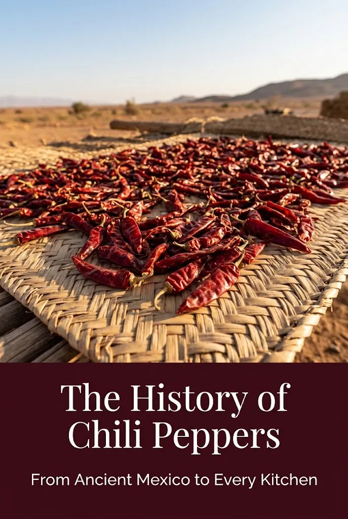 The History of Chili Peppers Pinterest graphic featuring sun-drying red chili pods on a woven palm mat with a burgundy title banner
