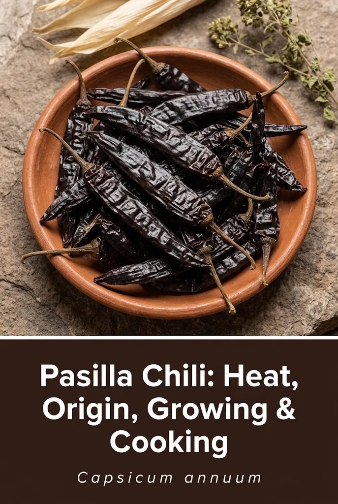 Pinterest graphic introducing pasilla chilies and their fresh chilaca form