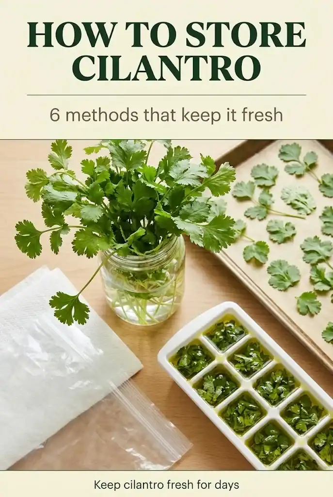 Vertical Pinterest graphic titled How to Store Cilantro with six storage methods shown
