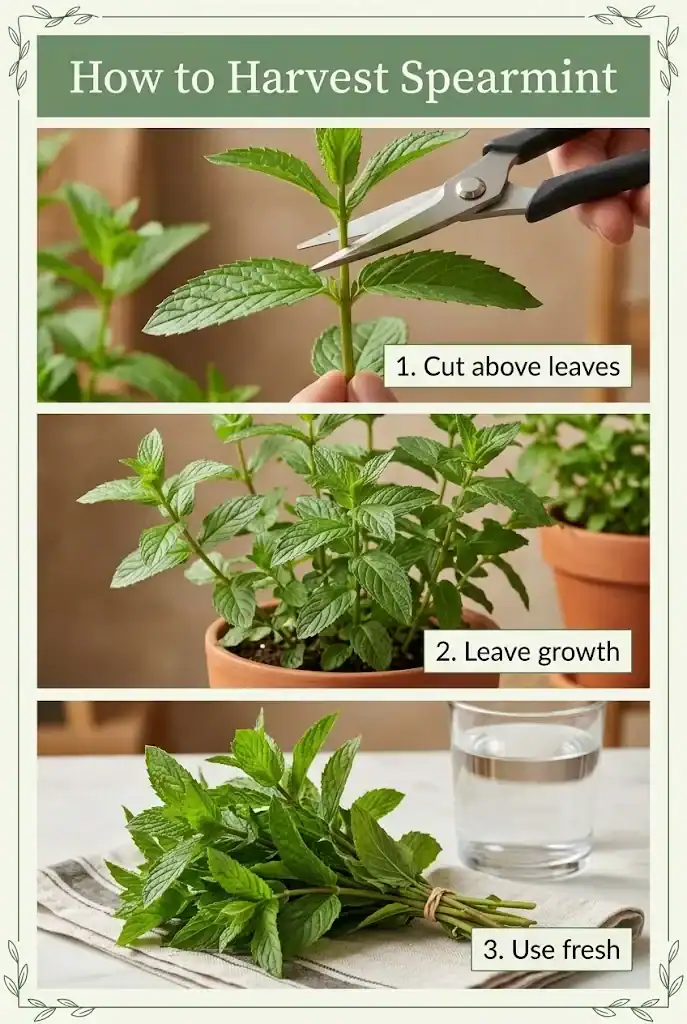 Pinterest guide showing three steps for harvesting spearmint