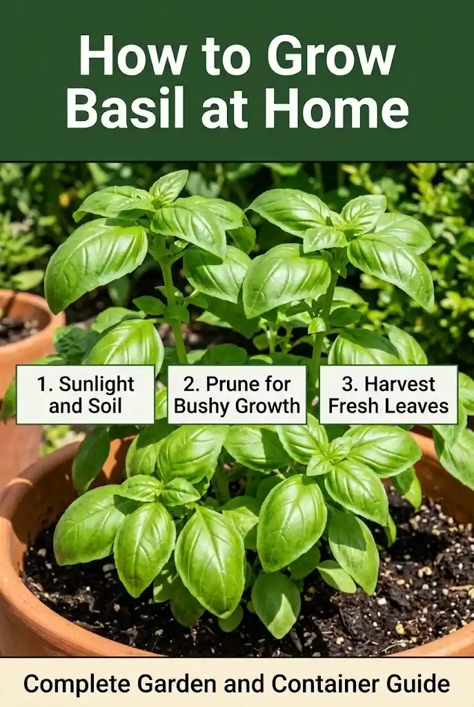Pinterest guide for how to grow basil at home with tips for sunlight, pruning, and harvesting