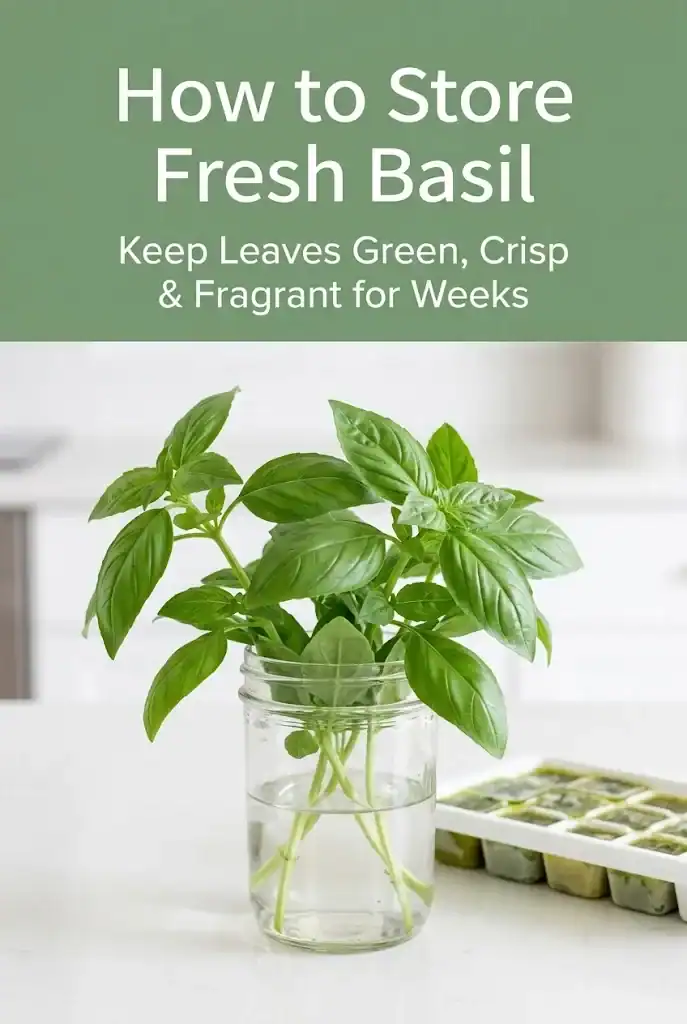 Pinterest pin graphic showing how to store fresh basil with countertop water jar and frozen herb cubes