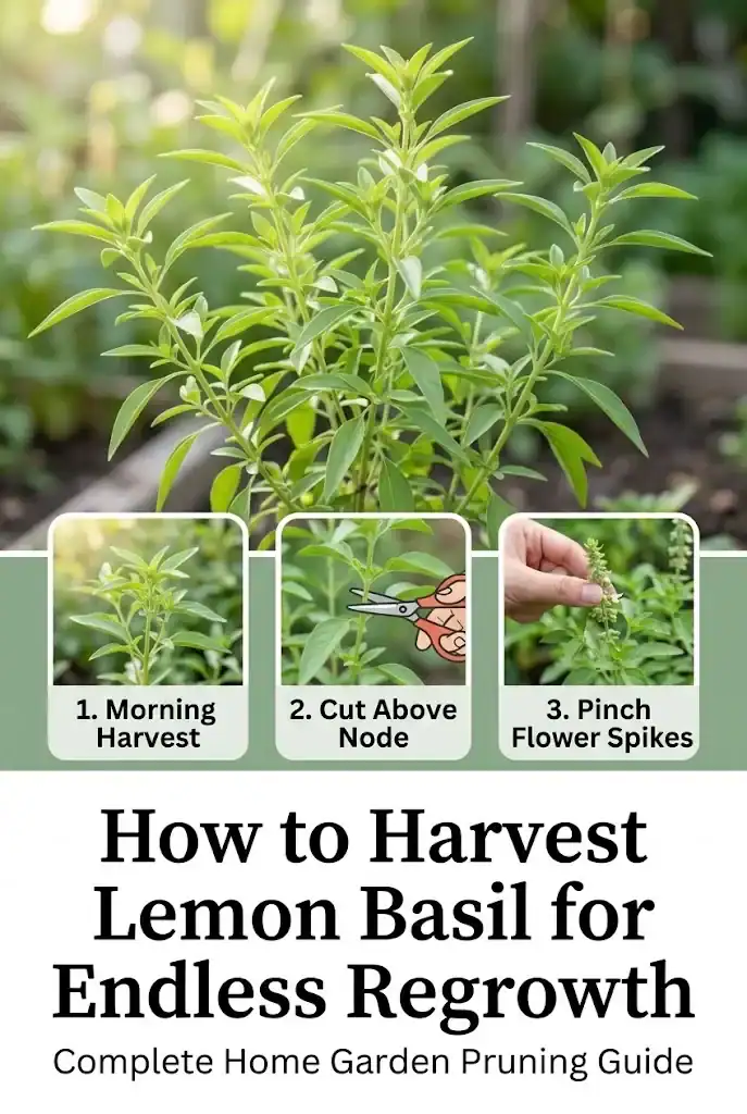 Vertical Pinterest editorial graphic with harvesting lemon basil tips and typography