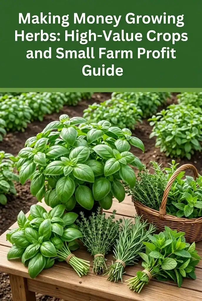 Pinterest graphic titled Making Money Growing Herbs: High-Value Crops and Small Farm Profit Guide