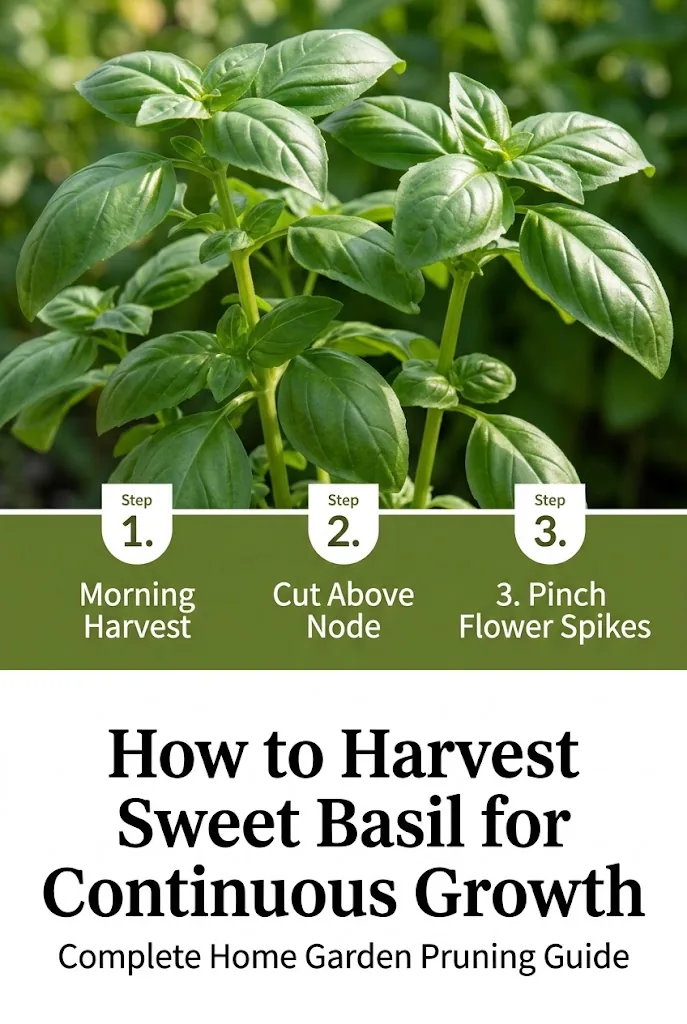 Vertical Pinterest editorial graphic with steps for harvesting sweet basil