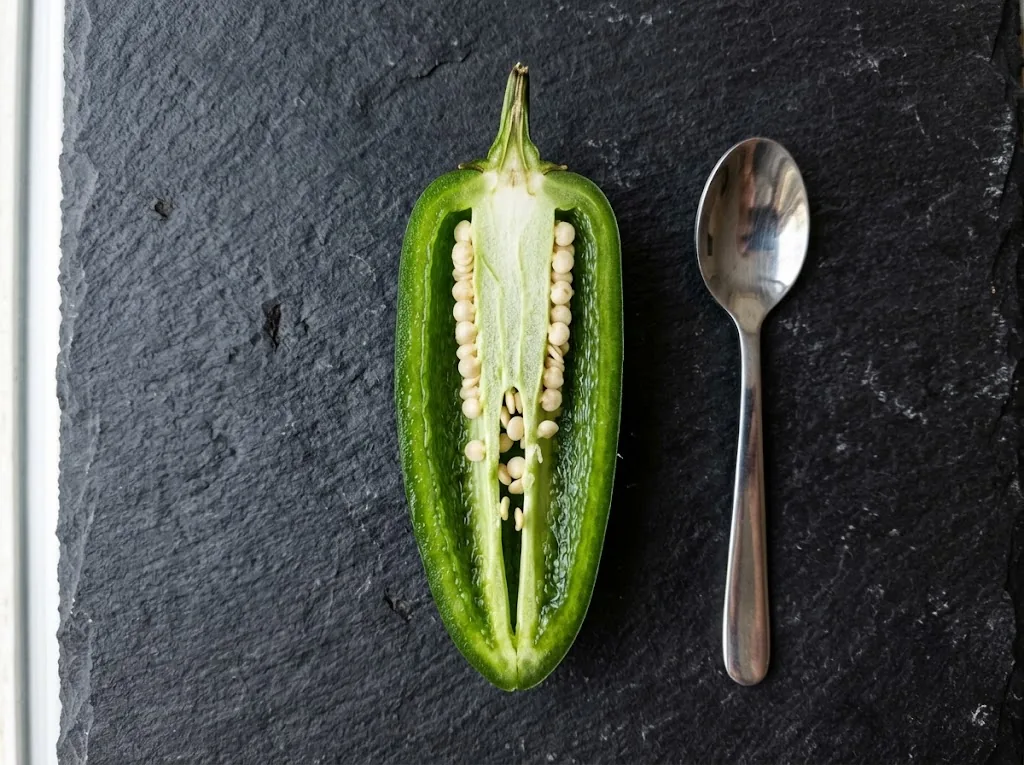 Halved green jalapeño on slate with pale inner ribs and attached seeds beside a spoon