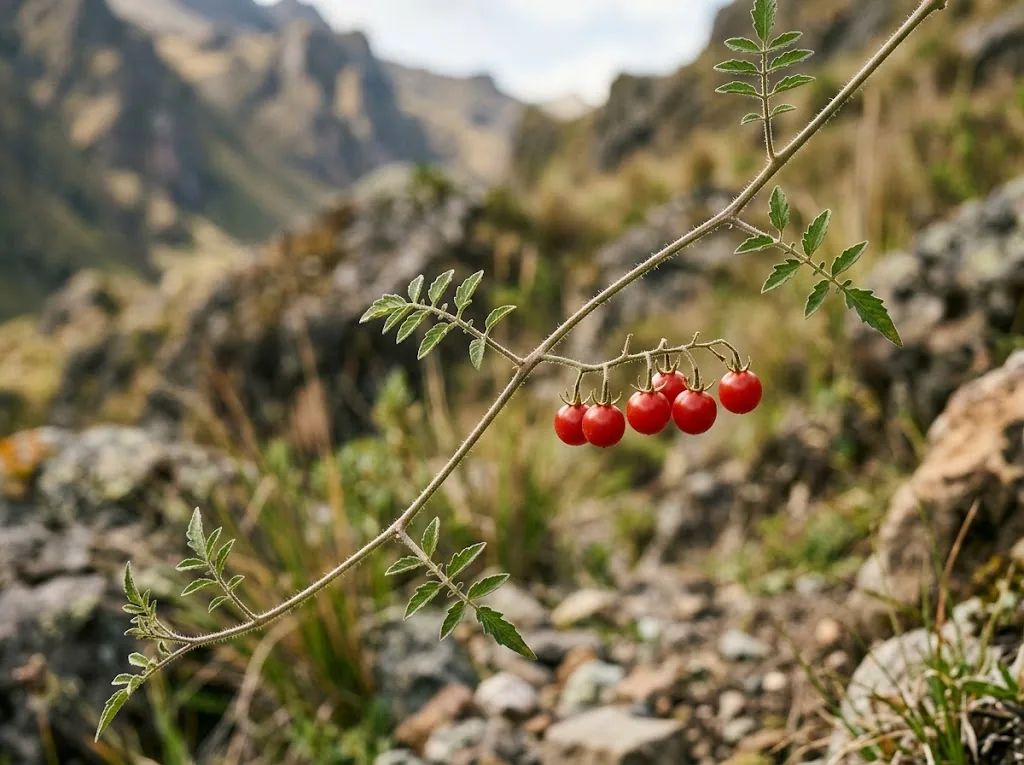 Small wild tomato fruits growing on a sprawling plant against Andean terrain