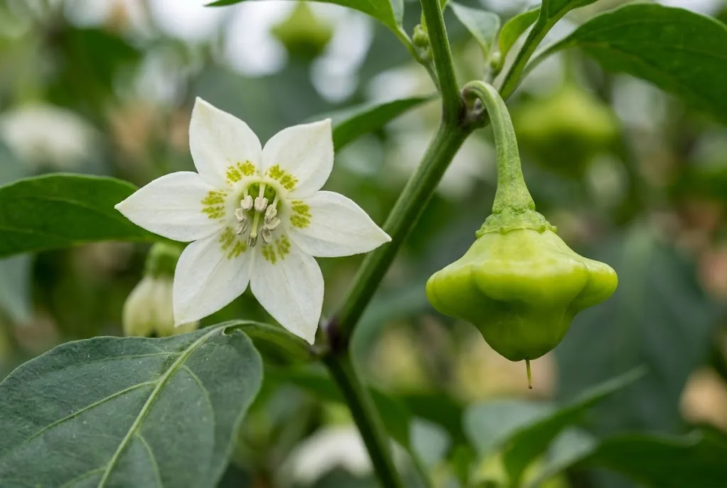 White Capsicum baccatum flower with yellow-green corolla throat markings beside a juvenile green Mad Hatter pod