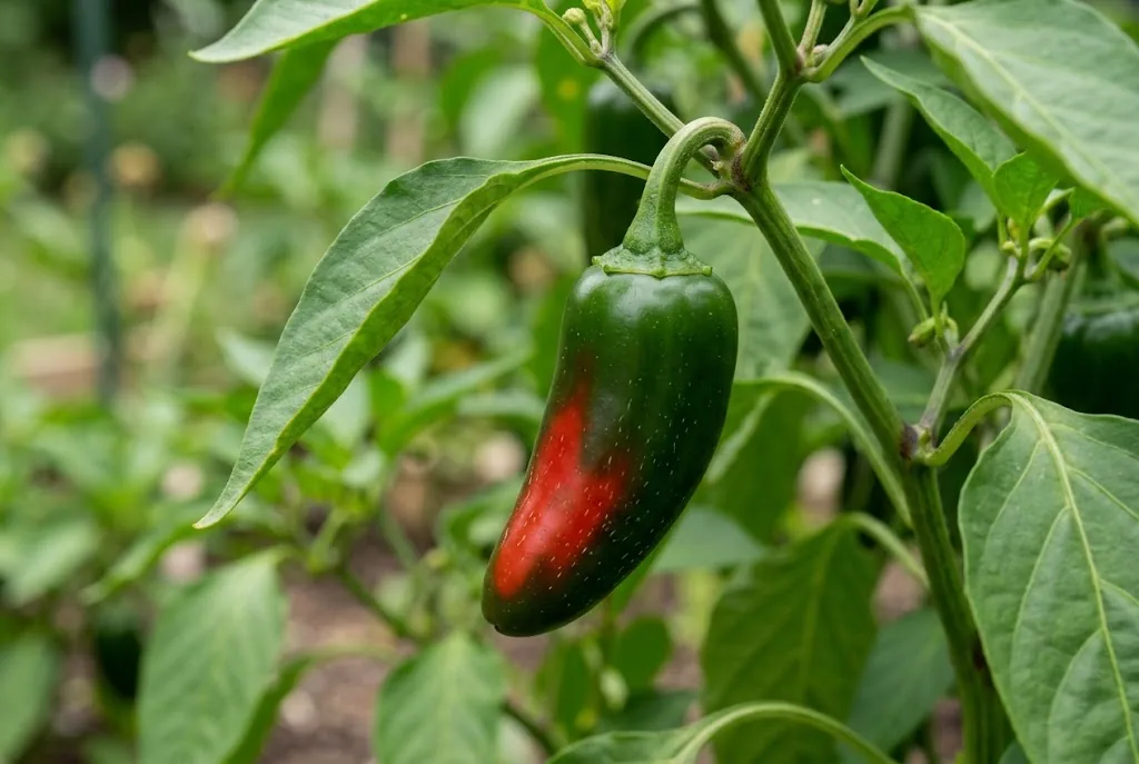A jalapeño pepper developing a red patch while still attached to its plant