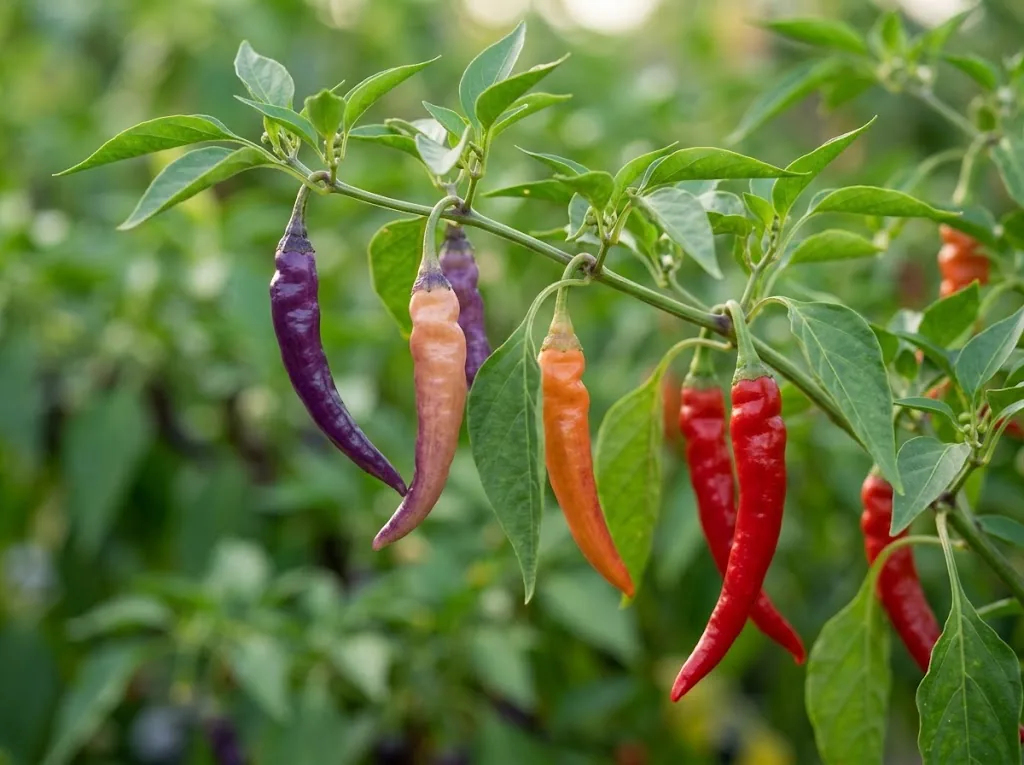 Attached Buena Mulata peppers showing purple, salmon, orange, and red stages