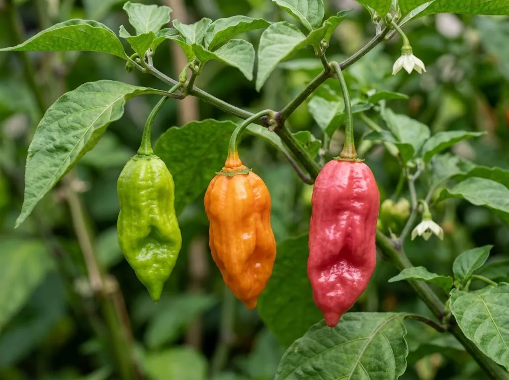 Three attached Hot Paper Lantern pods ripening from lime green through orange to red