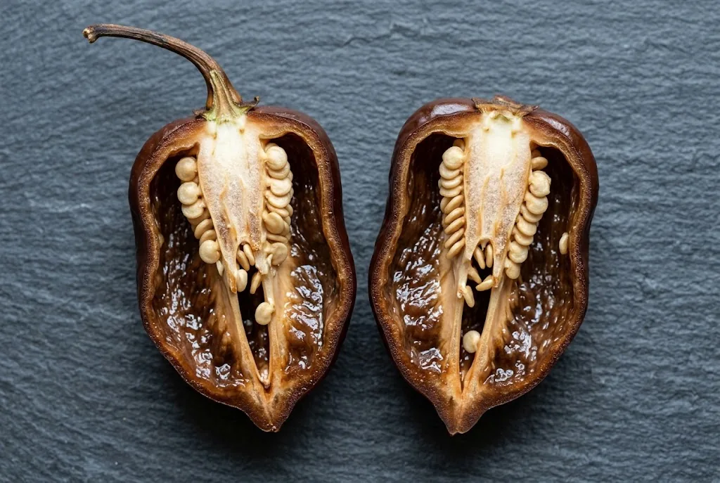 Halved ripe chocolate habanero pod on dark slate showing thin walls, placenta, and seeds
