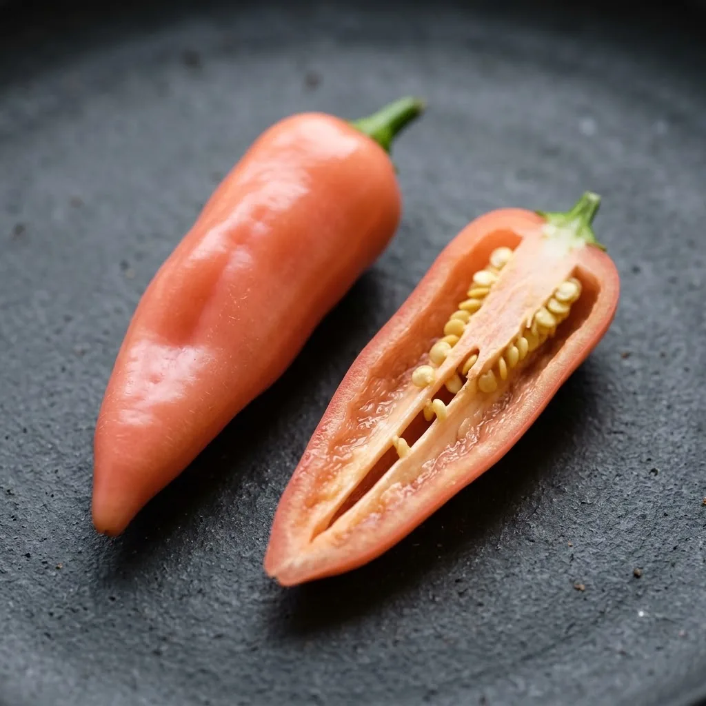 Ripe Sugar Rush Peach pepper beside a lengthwise cut half showing its interior