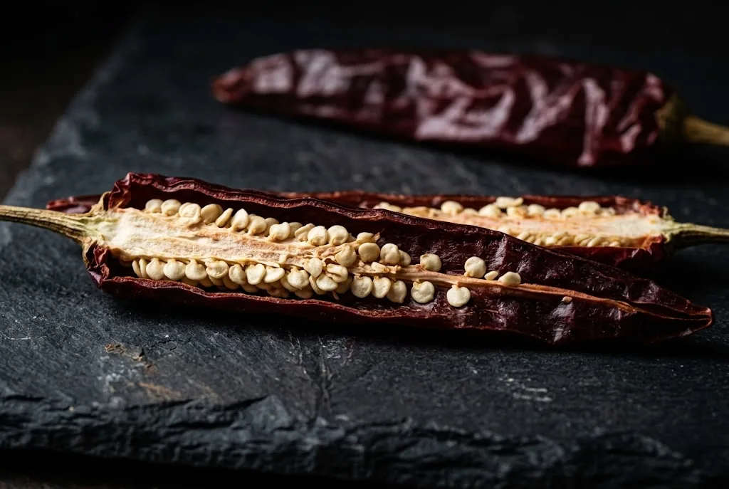 Kashmiri dried red chili pod halved lengthwise on dark slate showing the pale cream placenta and small white seeds inside the deeply wrinkled deep burgundy wall