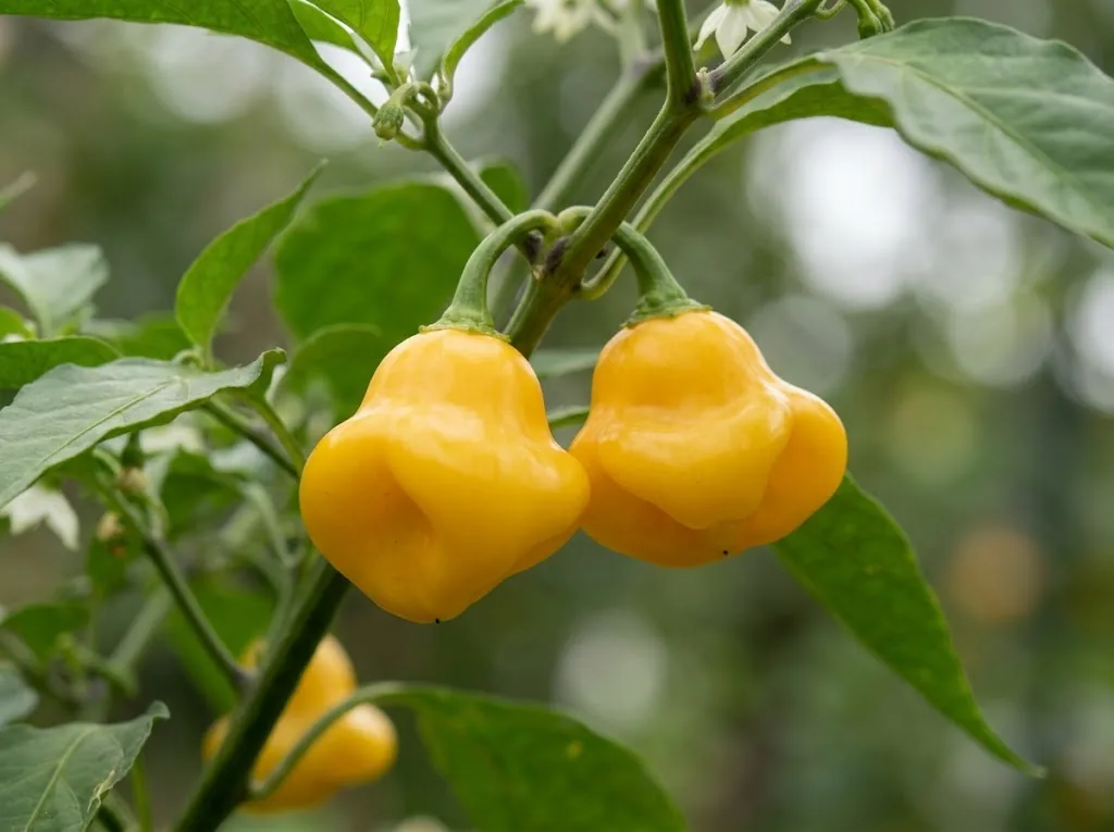 Two ripe yellow Aji Fantasy peppers attached among green leaves