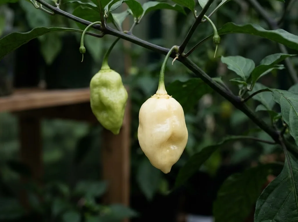 Two attached Aji White Fantasy fruit, one pale green and one ripe creamy white