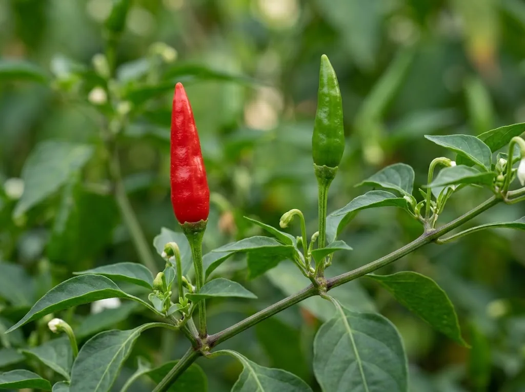 Two attached Rooster Spur pods, one green and one ripe red, point upward from a leafy branch
