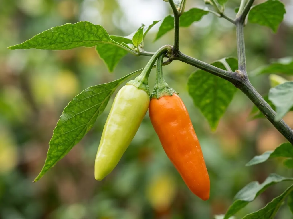 Two chile de agua fruits on a branch, one pale green and one orange ripe.
