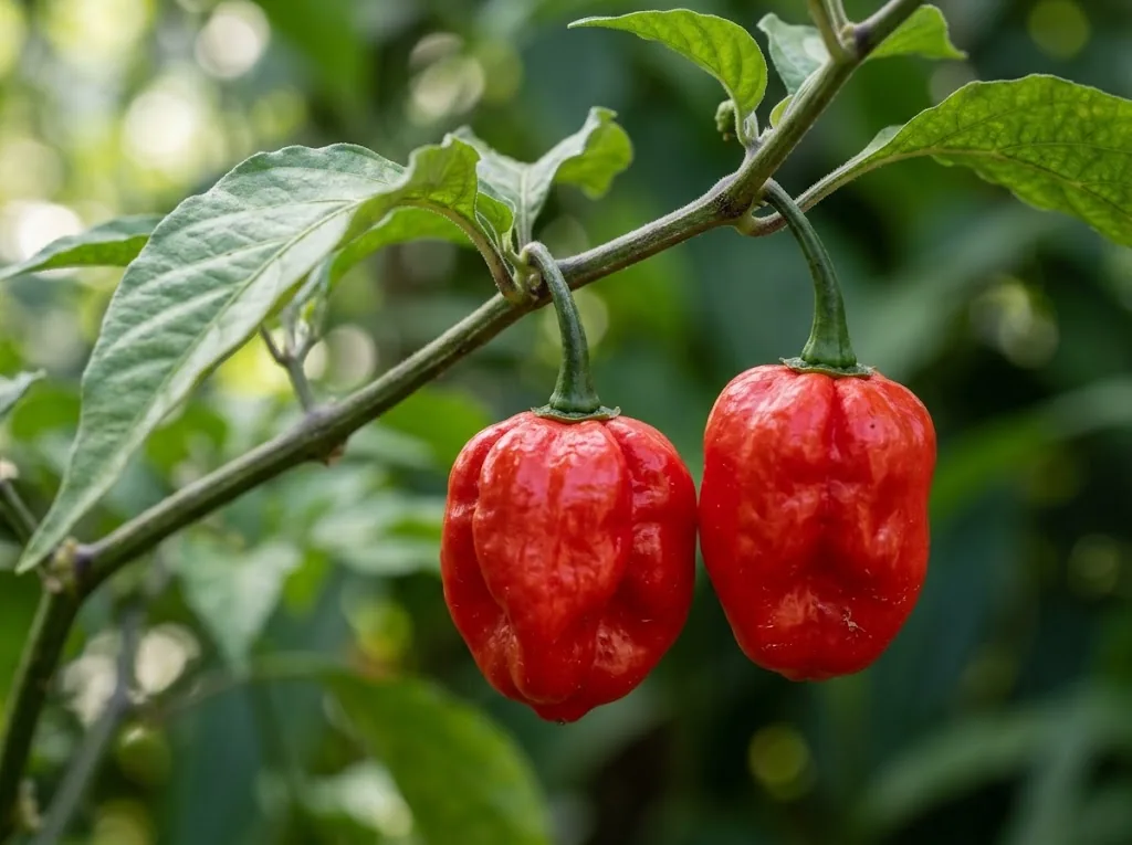 Two naturally varied, wrinkled bright-red Caribbean Red Habanero pods attached to a leafy branch