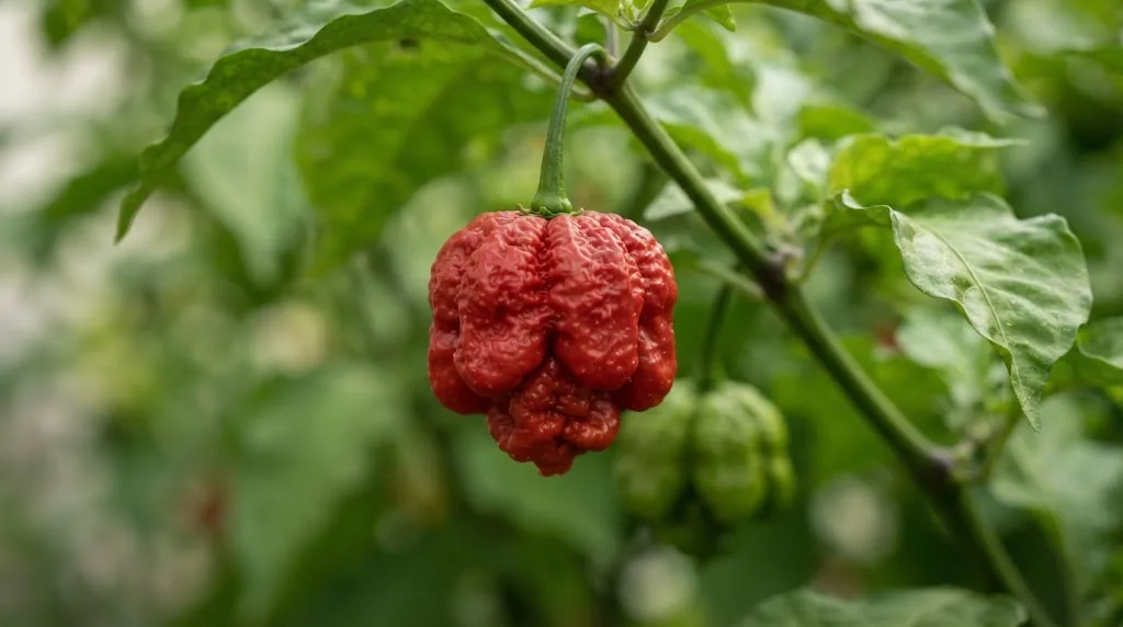 Ripe red 7 Pot Brain Strain pepper attached to its plant beside a green immature pepper