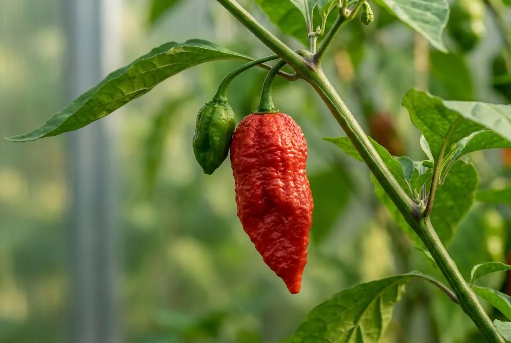 Wrinkled green and ripe scarlet Dorset Naga pods attached to a leafy branch
