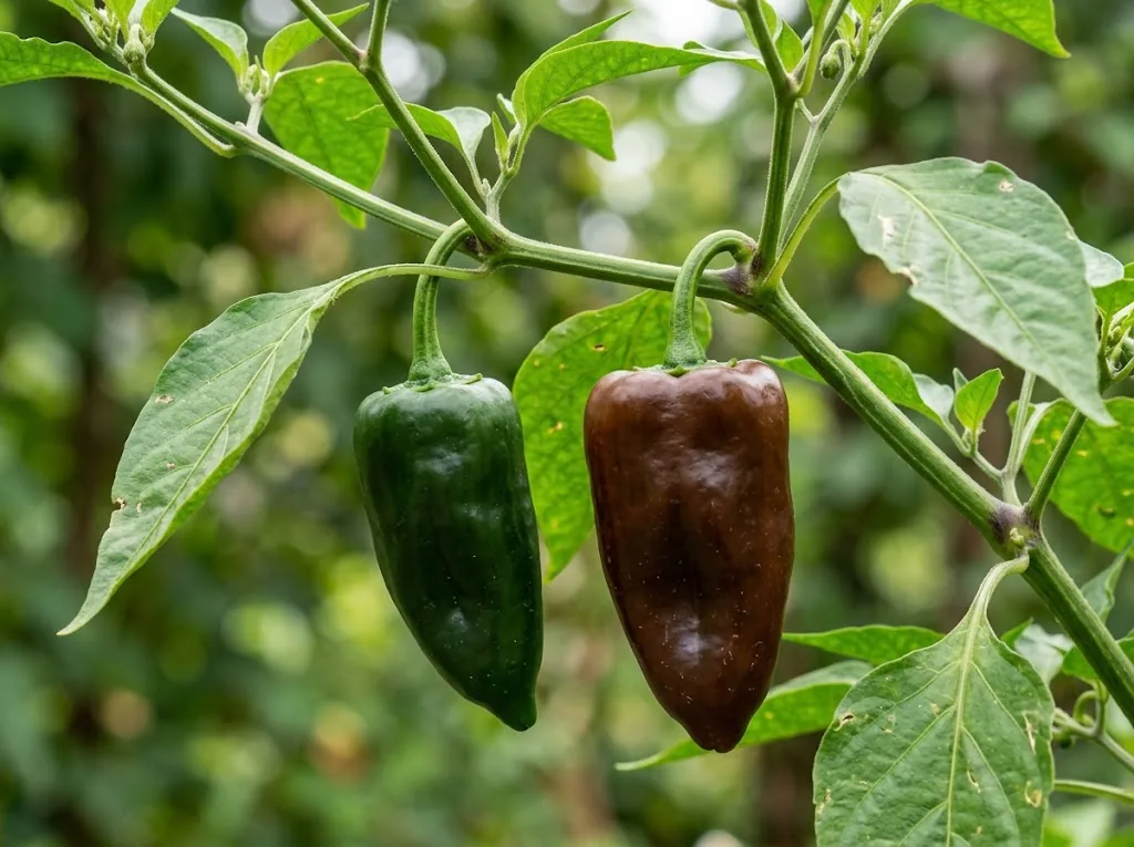 Attached green and chocolate-brown Mulato Isleño peppers on one branch