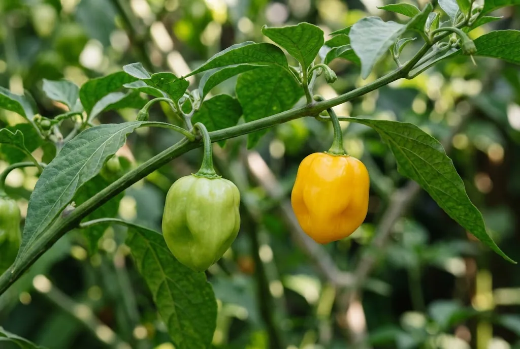 Two attached Trinidad Perfume fruits, one pale green and one ripe yellow, among green leaves