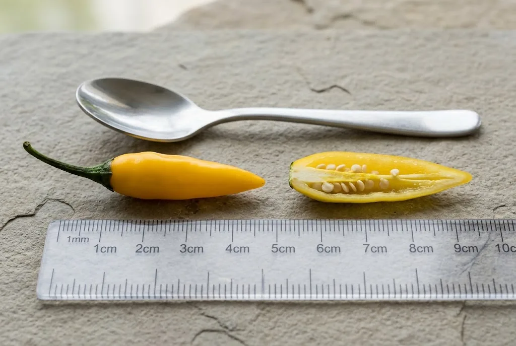 Cross-section of a ripe yellow Aji Cito pepper showing the seeds and yellow placenta