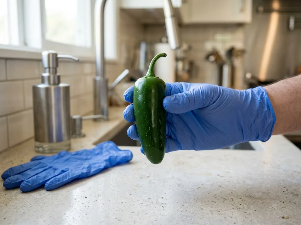 A gloved hand holding one green jalapeño during careful kitchen preparation