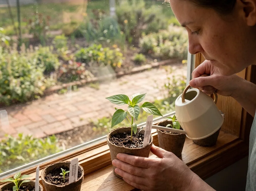 A young Chimayo pepper seedling with true leaves being watered on a sunny windowsill