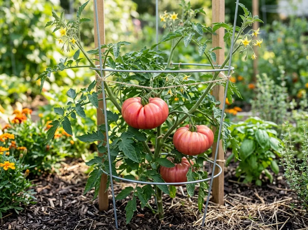 Heirloom tomato plant in a cage with three pink tomatoes