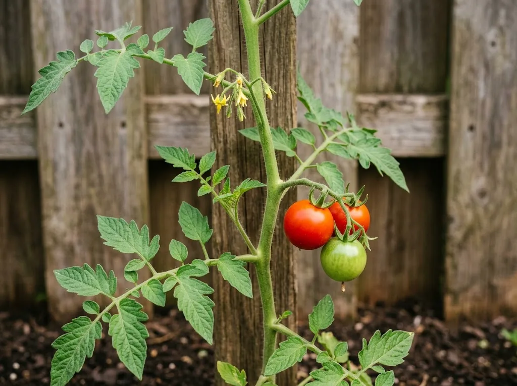 Tomato vine showing a growing stem, side shoot, yellow flowers, and attached fruit