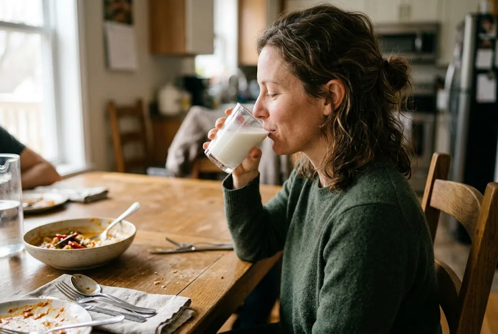 Woman taking a small sip of milk beside a meal